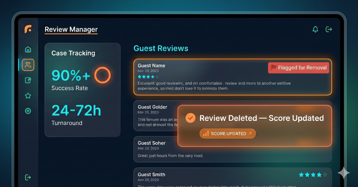 Booking.com review removal policy flowchart — eligible conditions and evidence requirements for property owners