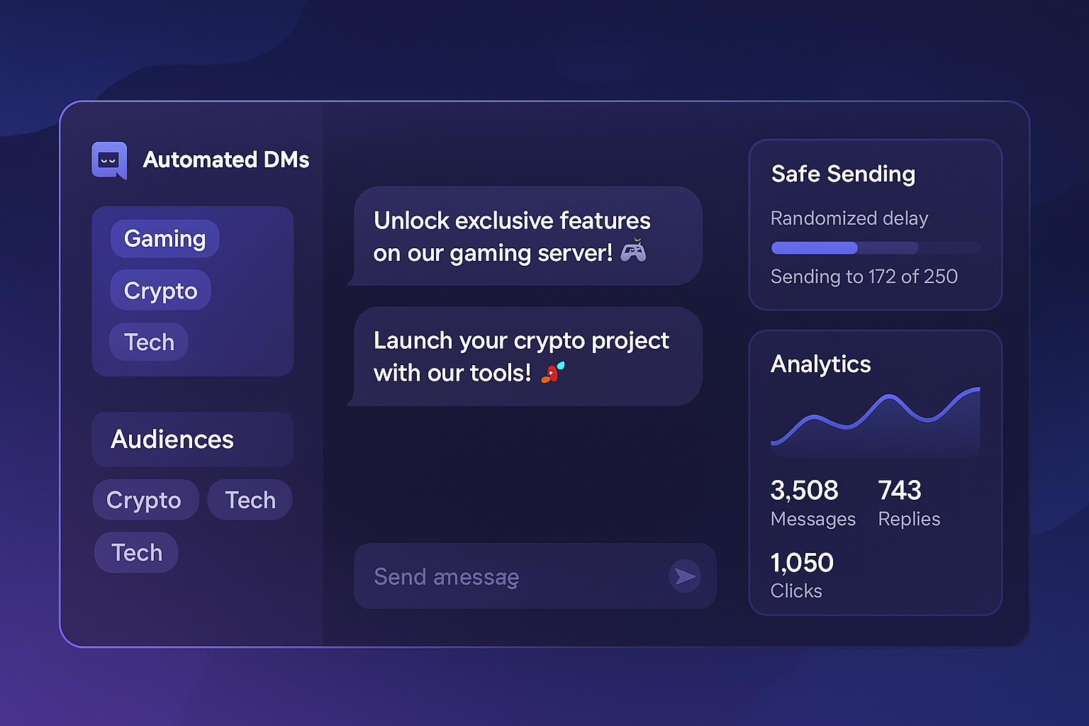 Discord auto messaging dashboard with segmented audiences, safe sending and analytics