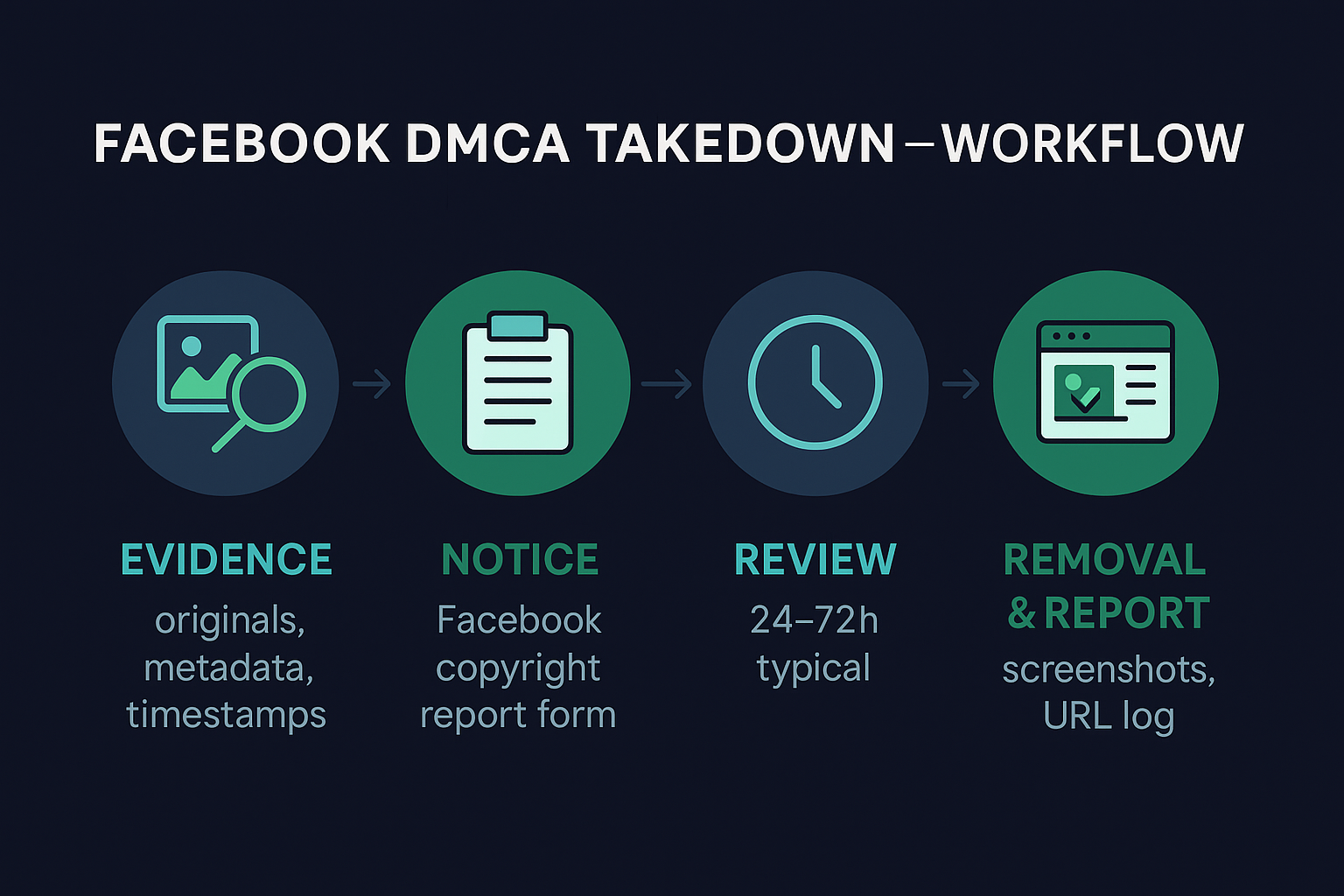 Facebook DMCA takedown workflow diagram: evidence → notice → removal → reporting