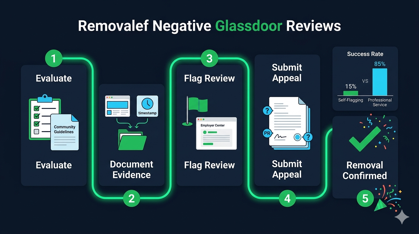 Glassdoor review removal service dashboard showing evidence-based review flagging and moderation process