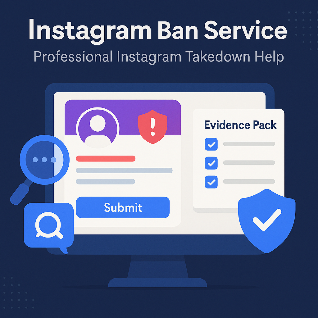 Instagram Ban Service dashboard showing reporting and ban workflow