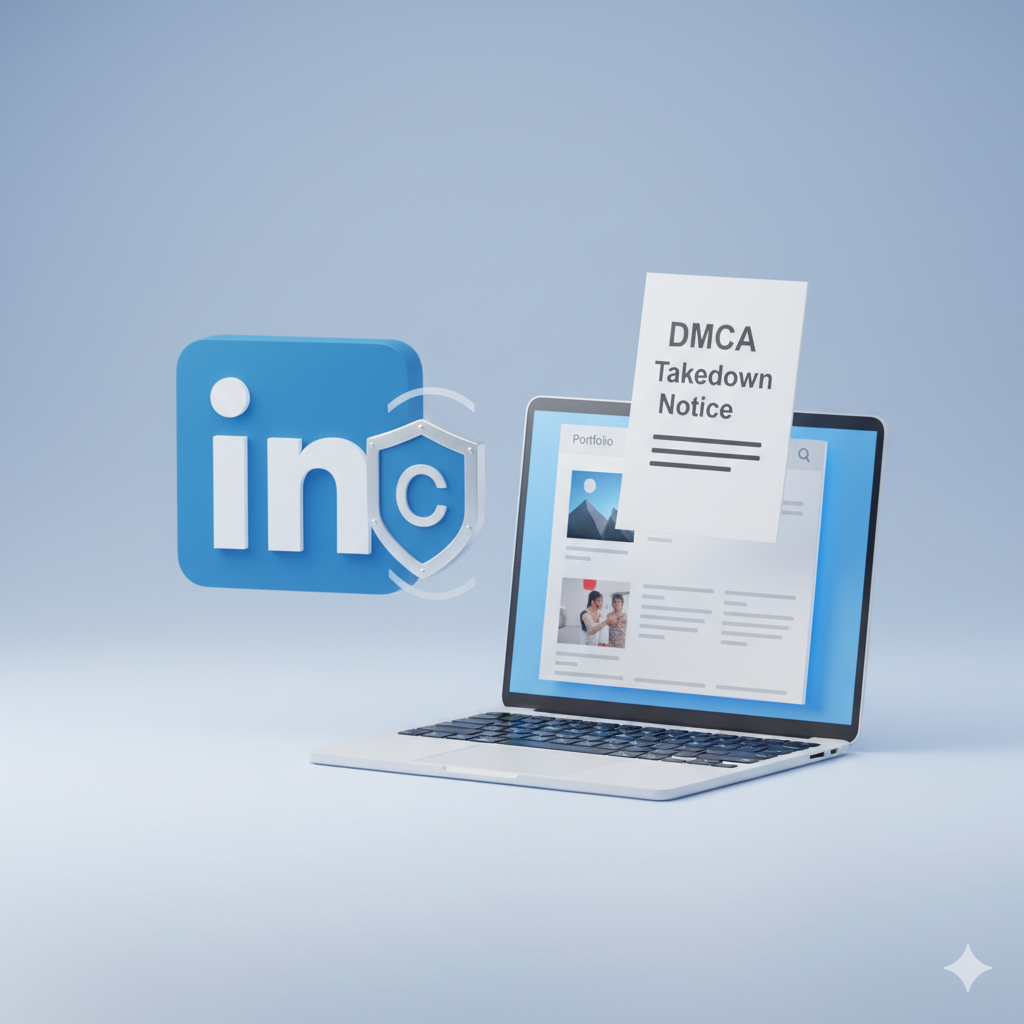 LinkedIn DMCA takedown process with copyright document and shield graphic