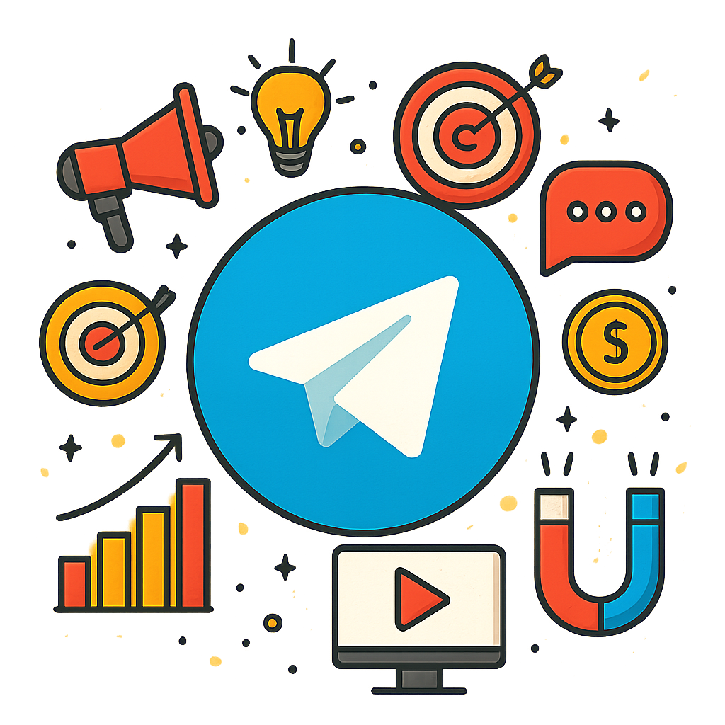 Telegram advertising hero visual with marketing icons and analytics