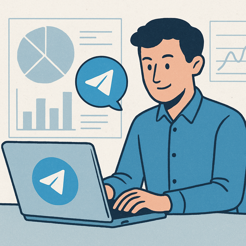 Digital marketer managing Telegram ads dashboard and analytics on a laptop