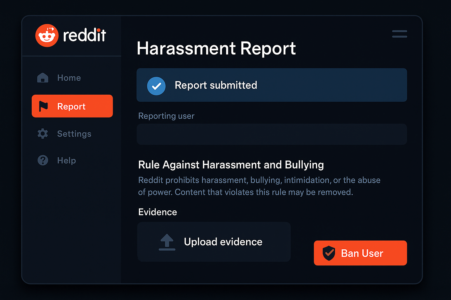 Reddit harassment report dashboard and escalation workflow