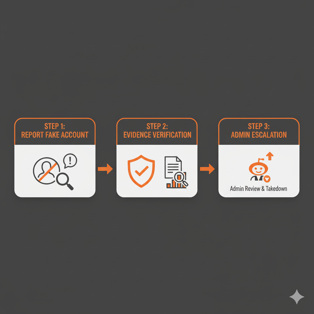 Reddit impersonation removal process infographic — report, verify, escalate