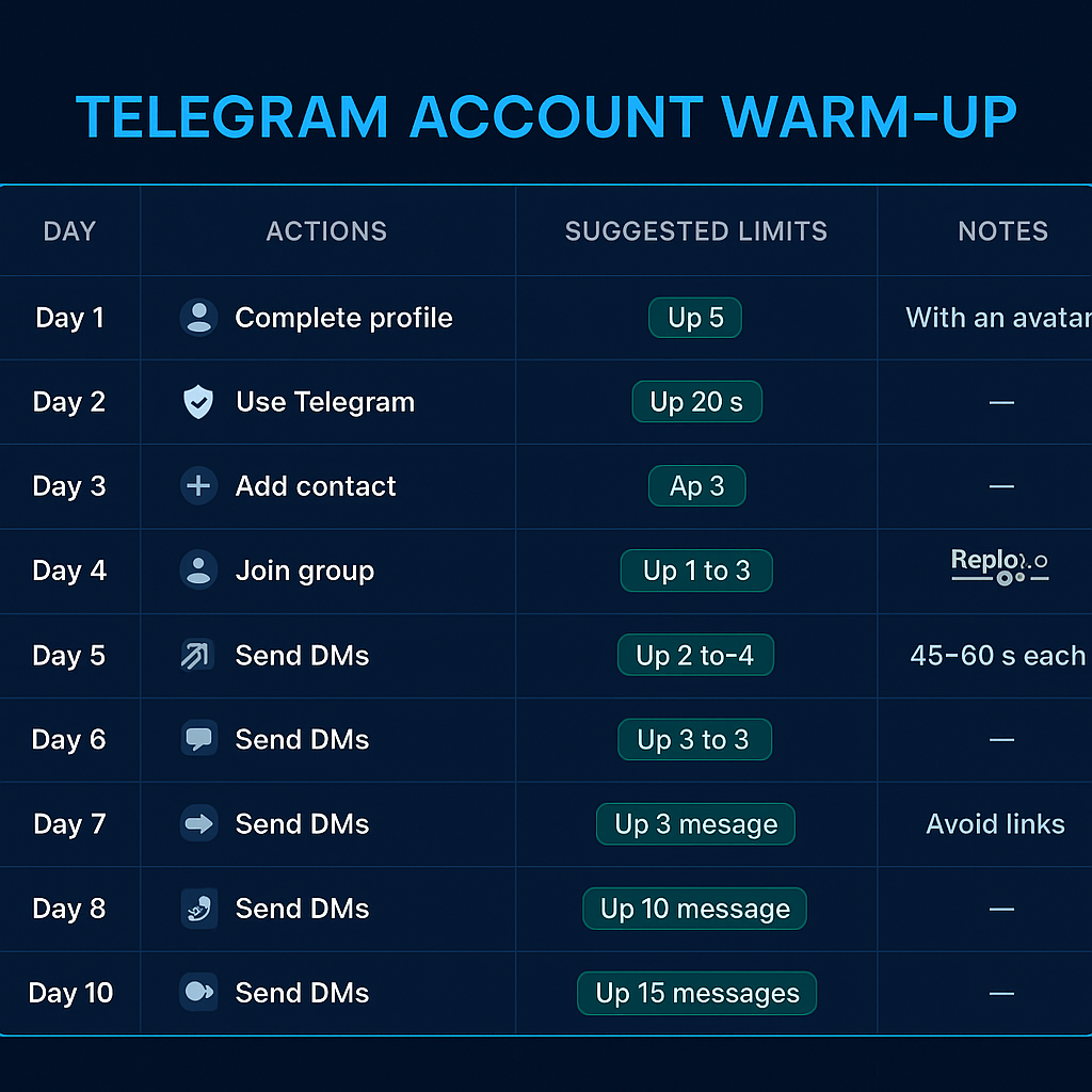 Telegram account warm up calendar showing a 14-day ramp schedule