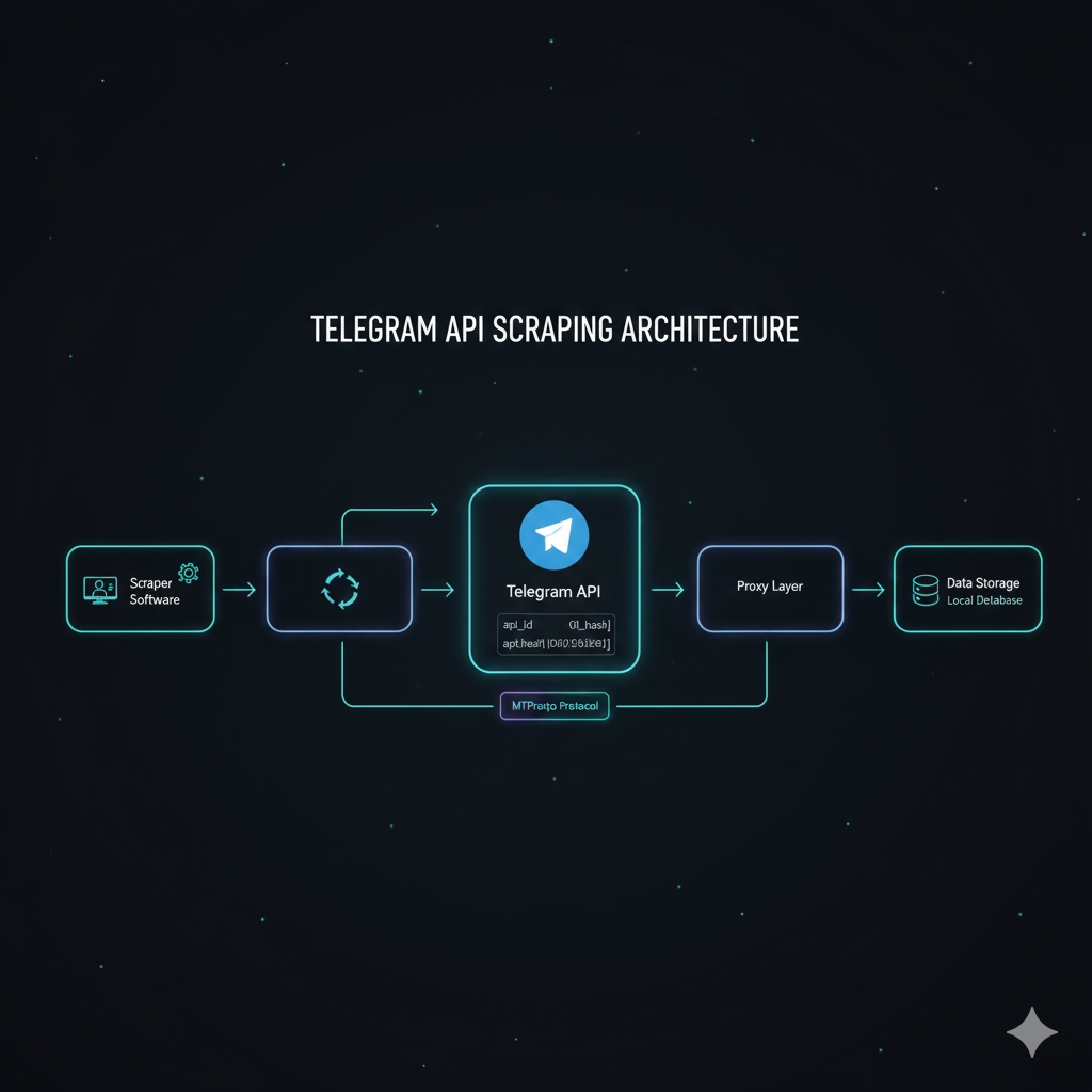 Technical architecture diagram showing Telegram API connection, authentication flow, and data extraction process