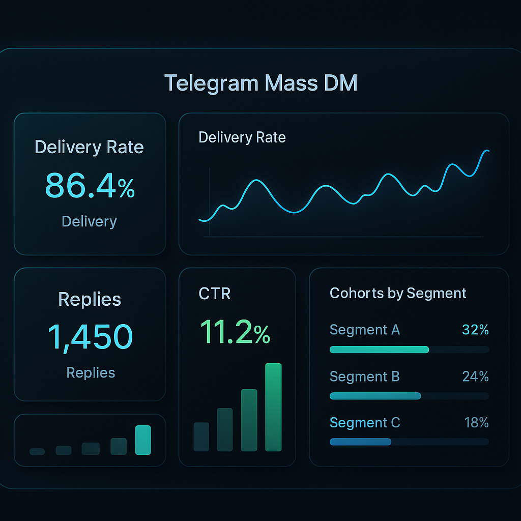 Telegram bulk messaging service dashboard with KPI widgets for delivery, replies, and clicks