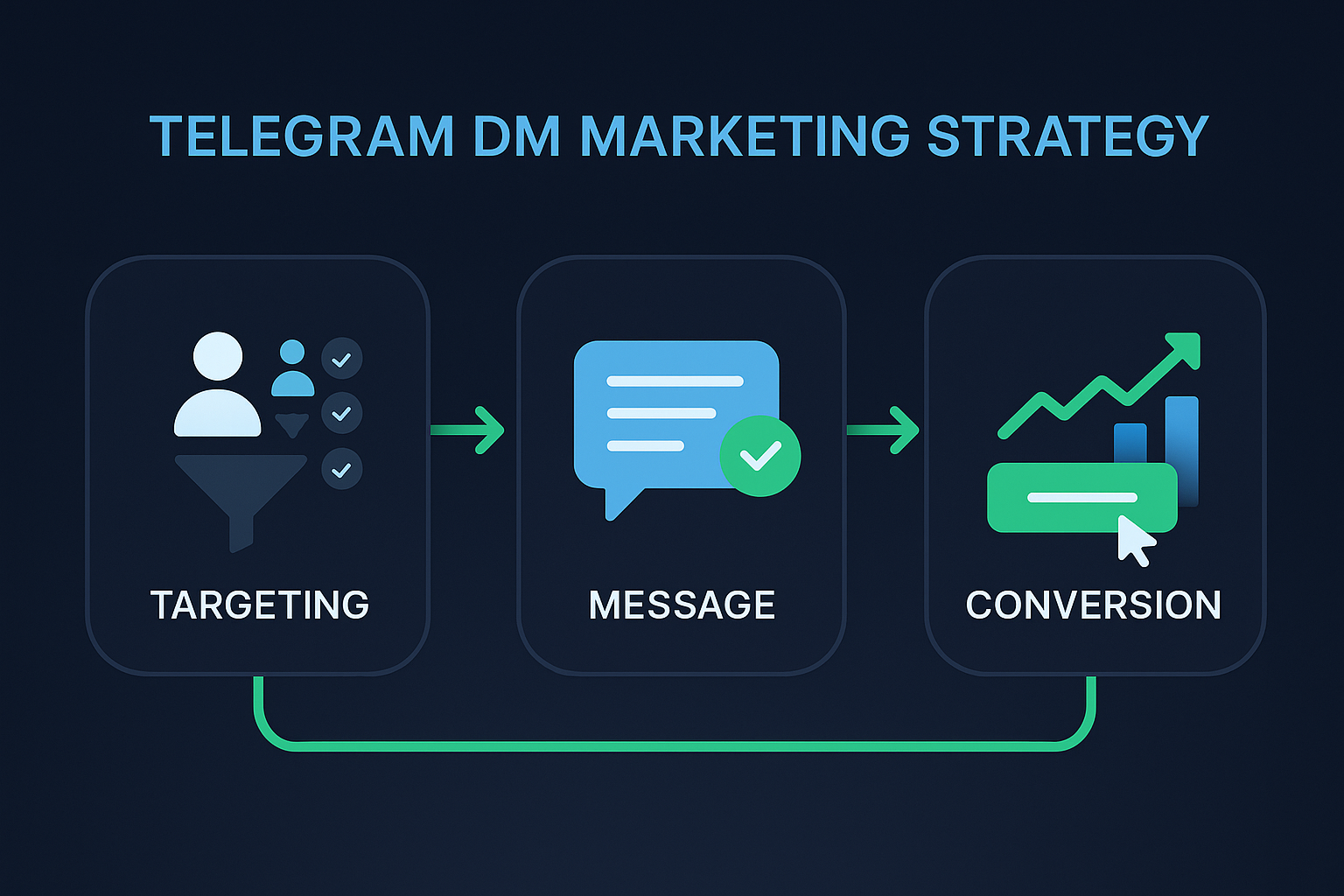 Telegram DM marketing strategy funnel: targeting → message → conversion