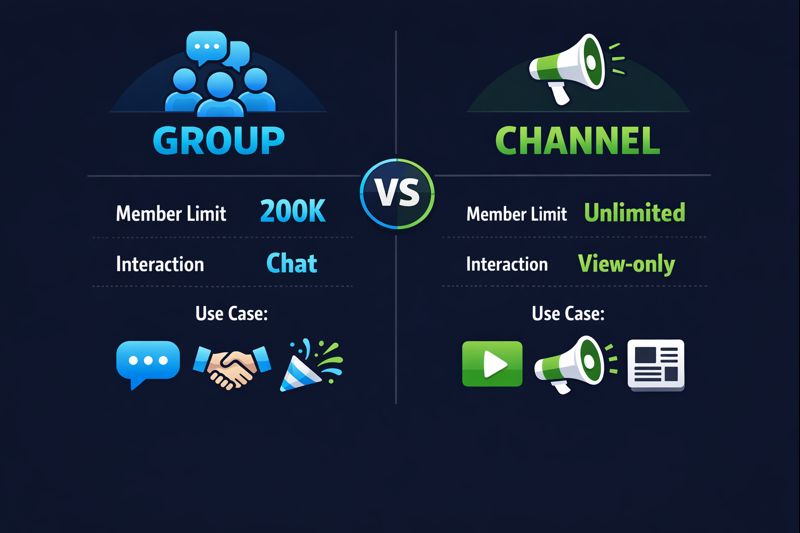 Comparison infographic showing telegram group vs channel member adding differences and strategies