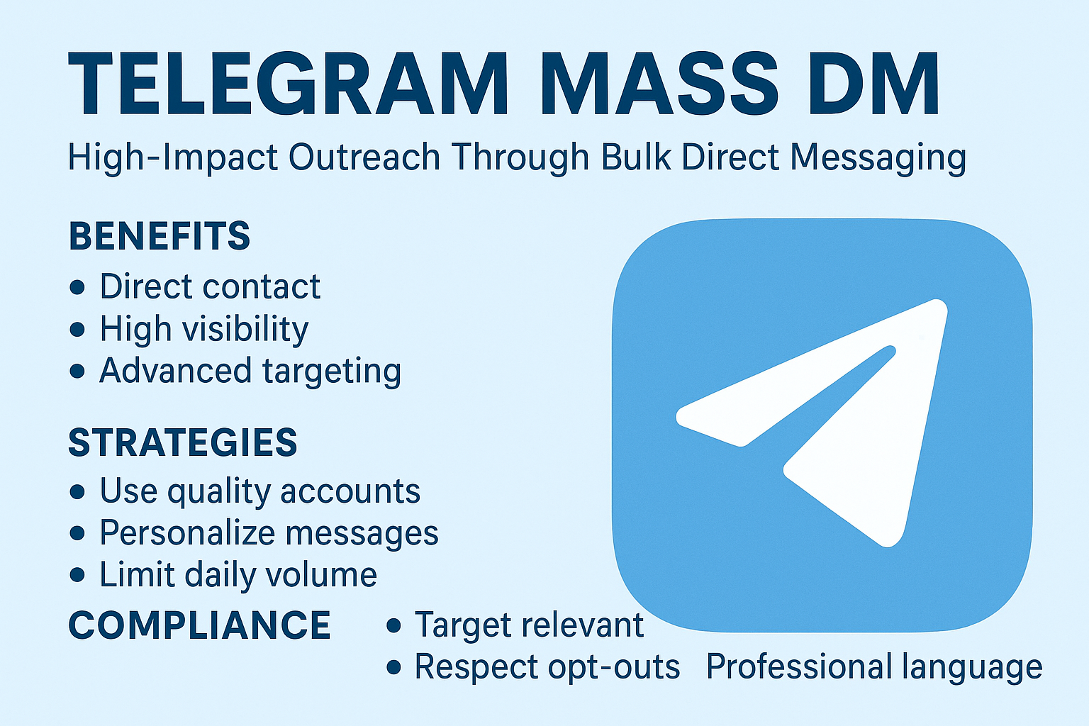 Telegram Mass DM infographic covering benefits, strategies, and compliance tips