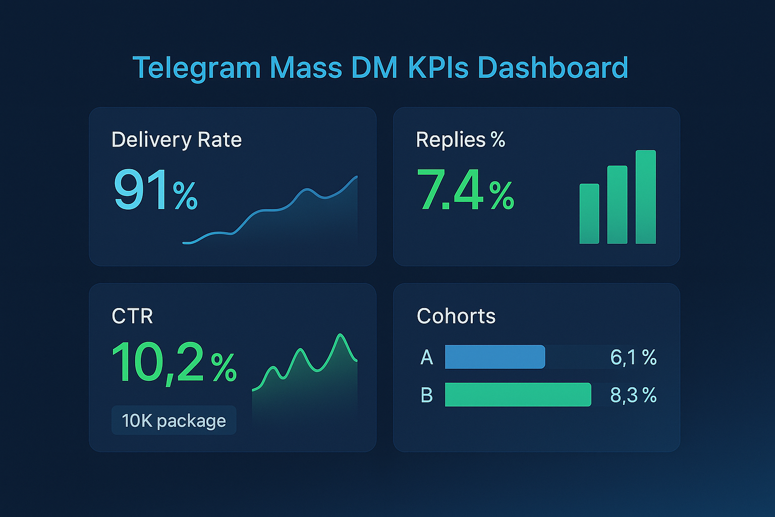 Telegram Mass DM KPIs dashboard showing delivery rate, replies, CTR, and cohort analysis