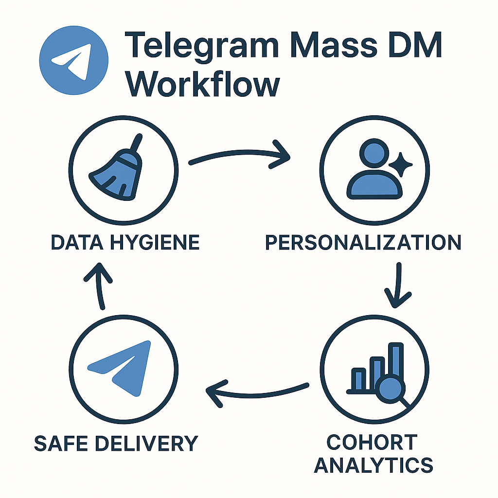Telegram Mass DM workflow diagram: data hygiene, personalization, safe delivery, and cohort analytics