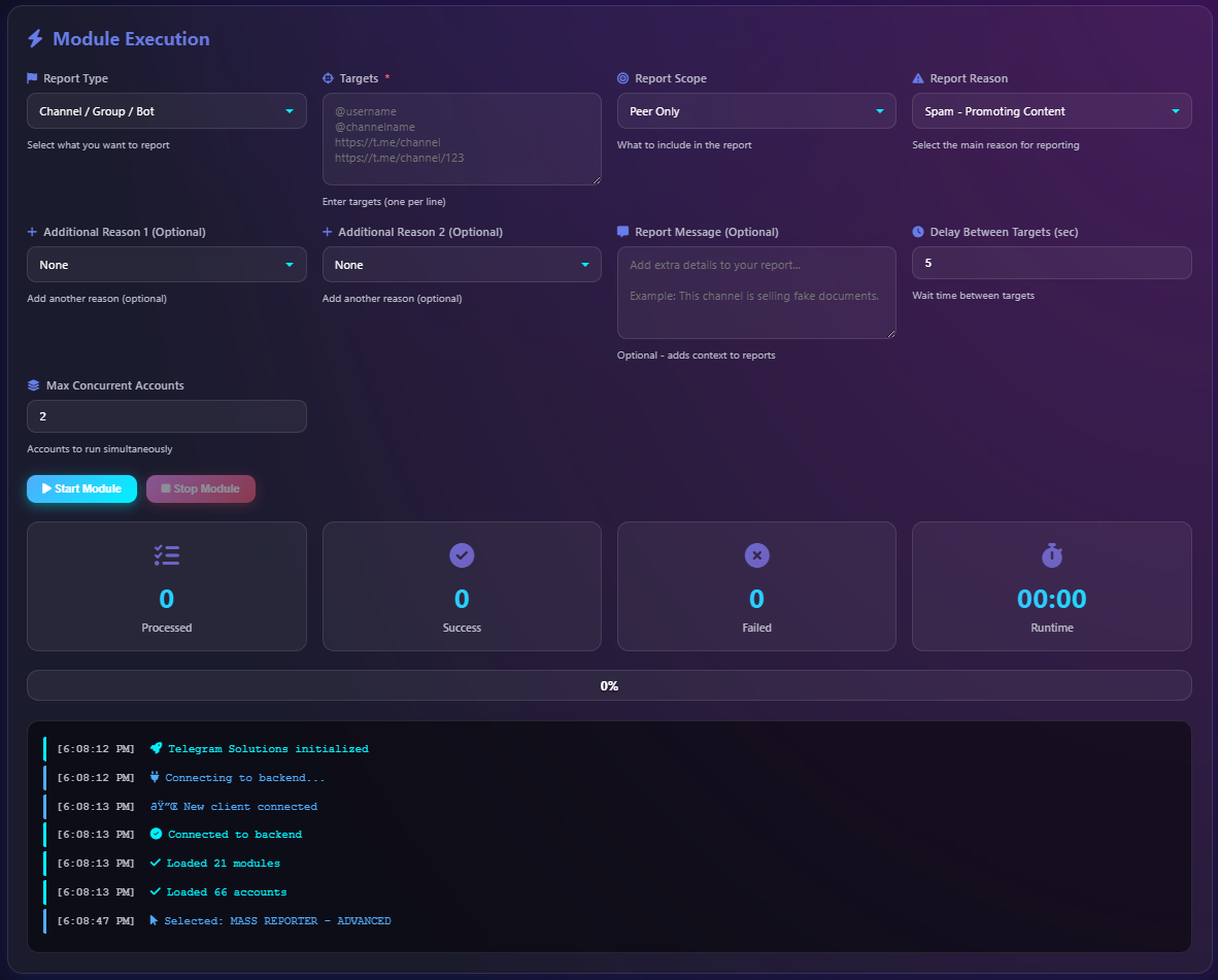 Telegram mass report bot software features dashboard showing multi-account support and batch reporting