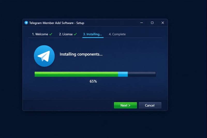 Telegram Member Add Software installation wizard on Windows showing progress bar and setup options