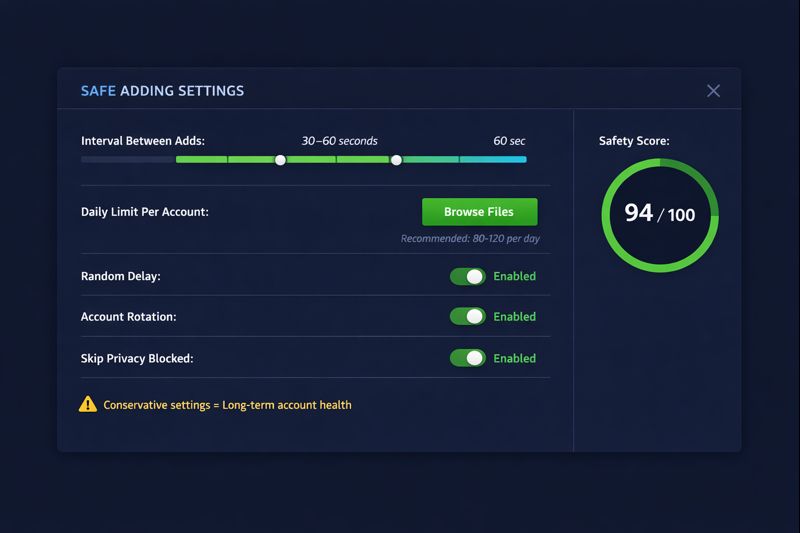 Recommended safe settings for Telegram Member Add Software: 30-60 second intervals, 50-100 daily limit, random delays enabled