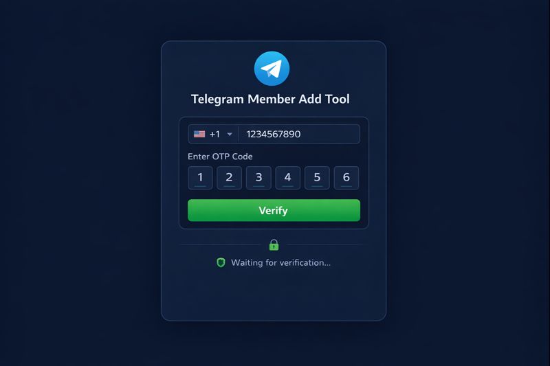 Telegram member add software authentication screen showing phone number input field and OTP verification process