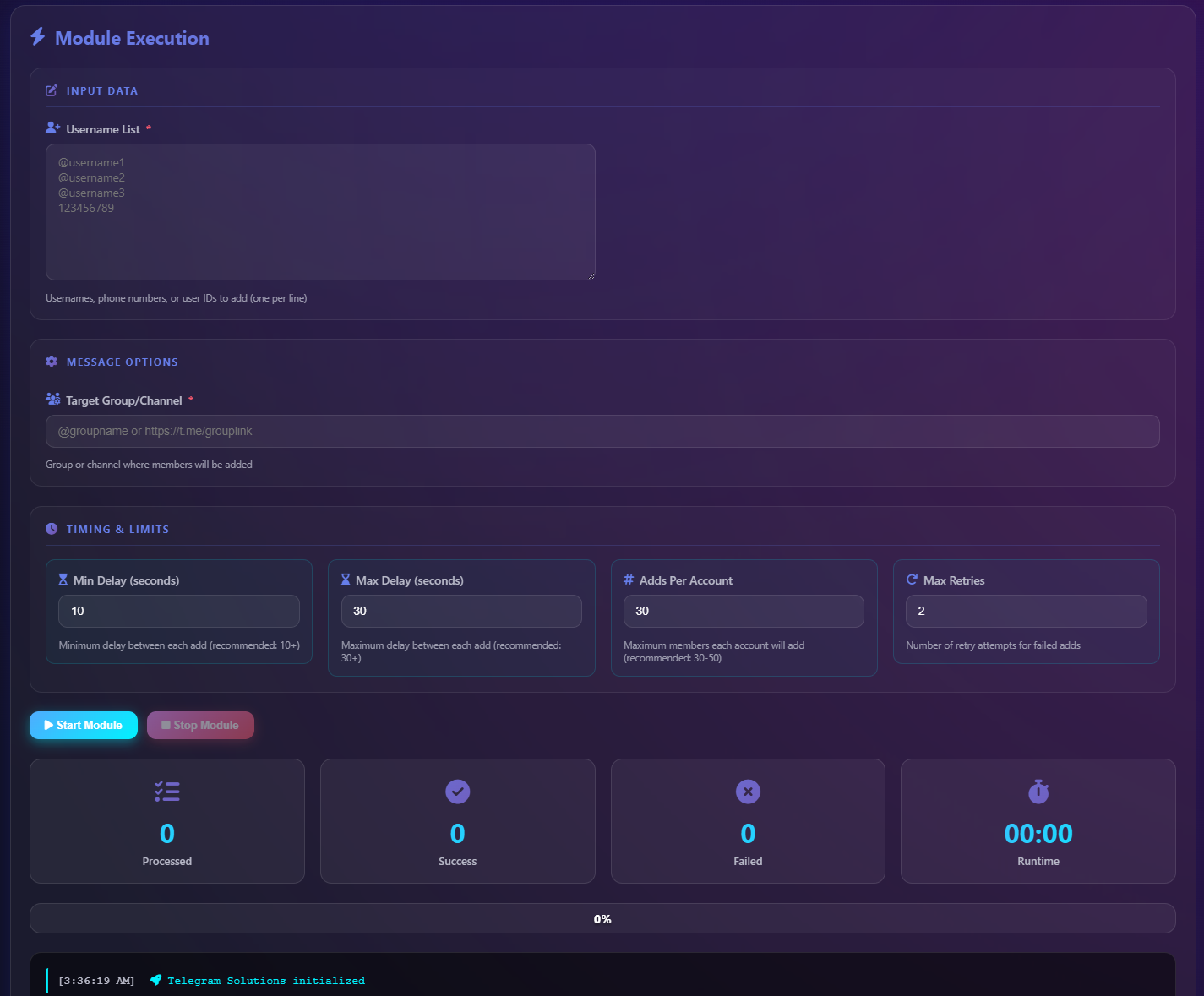 Telegram member add tool software dashboard showing member list import, interval settings, and progress tracking interface