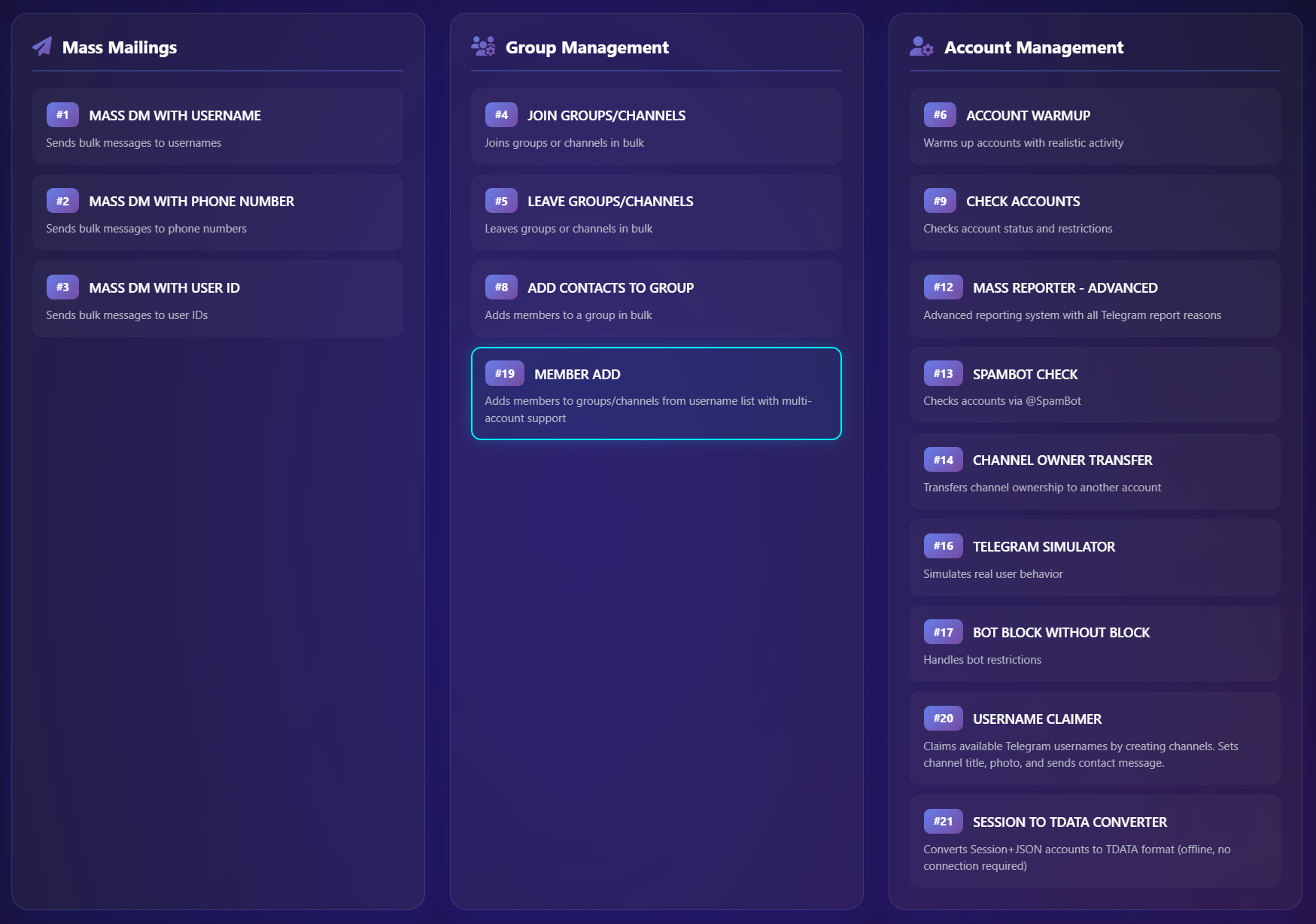 Telegram member adder software dashboard showing multi-account management and member adding interface