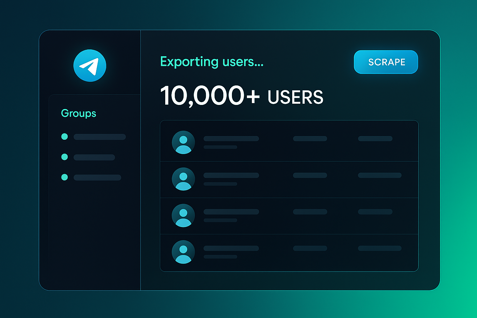 Telegram member scraper hero image showing 10K user export dashboard