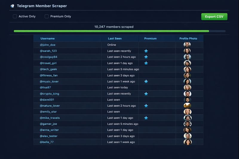 Telegram member scraper showing extracted user list with usernames and activity status for adding to groups