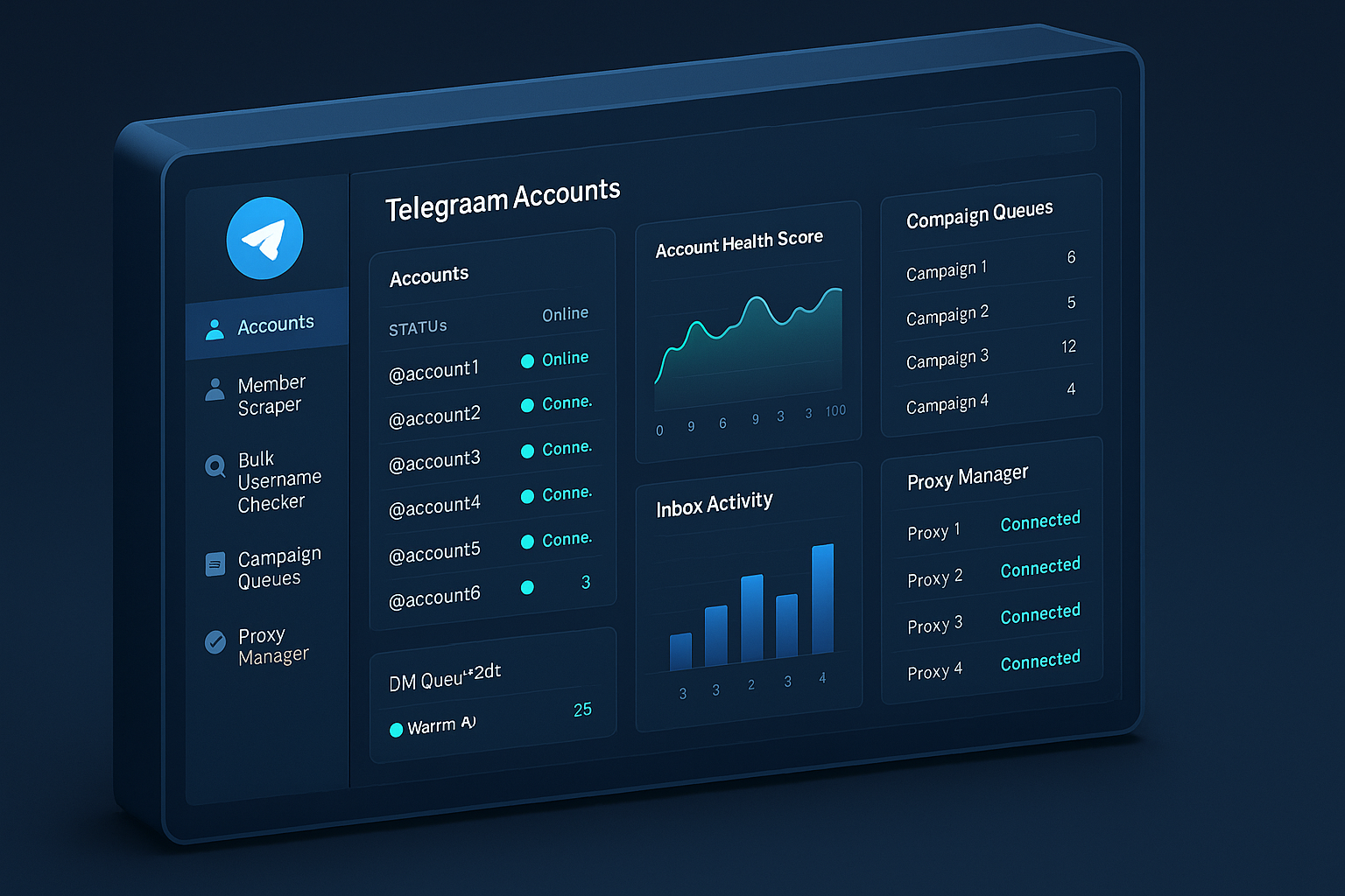 Telegram Multi Account Manager software dashboard showing multiple Telegram accounts, campaign queues and proxy status