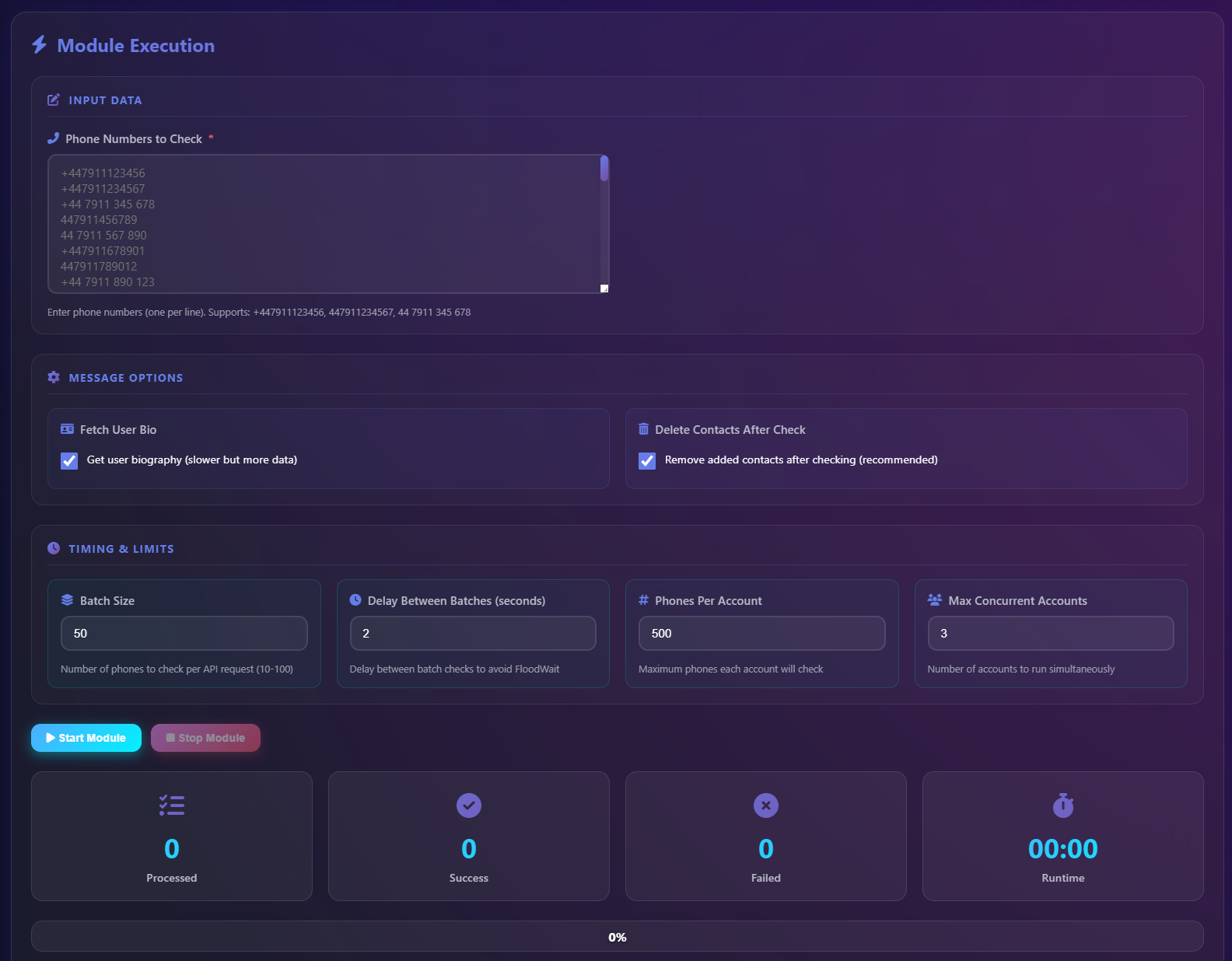 Telegram number checker software dashboard showing bulk phone verification interface with registered and unregistered number results