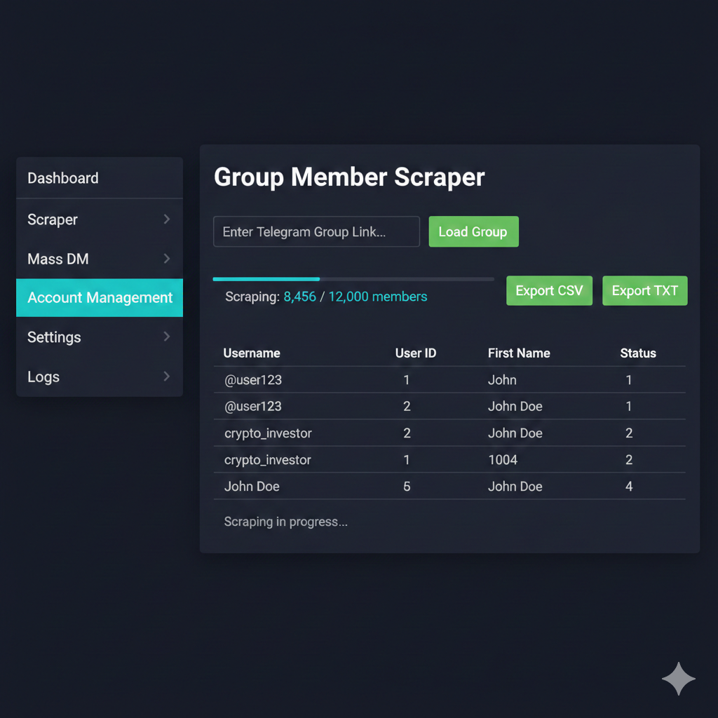 Telegram scraper software dashboard showing member extraction interface with scrape telegram group members feature