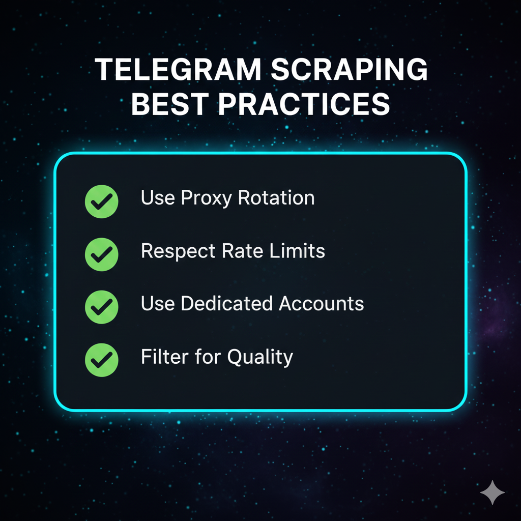 Best practices checklist for safe Telegram scraping including proxy usage, rate limits, and account management