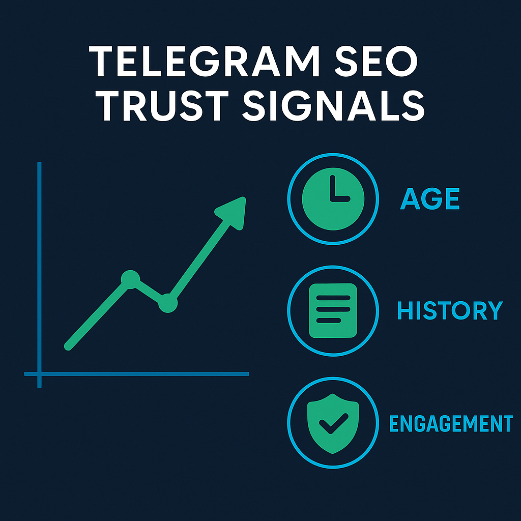 Telegram SEO trust signals infographic: channel age, posting history, engagement