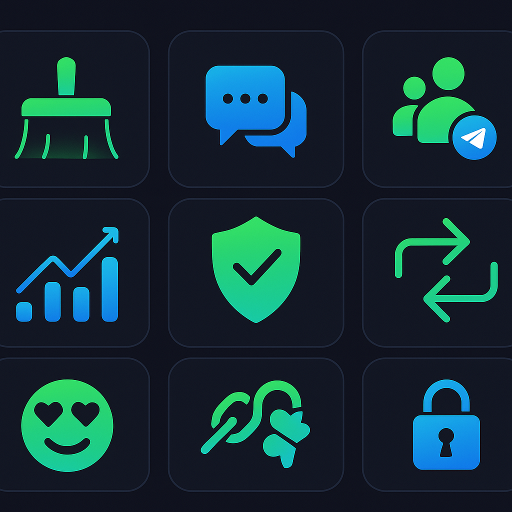 Telegram automation software features grid 43+ functions