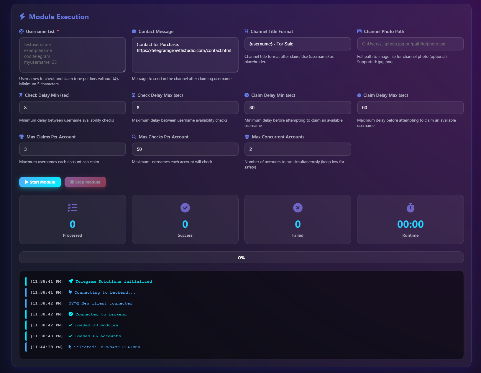 Telegram username availability checker tool dashboard showing bulk checking interface with available, taken, and purchasable username results