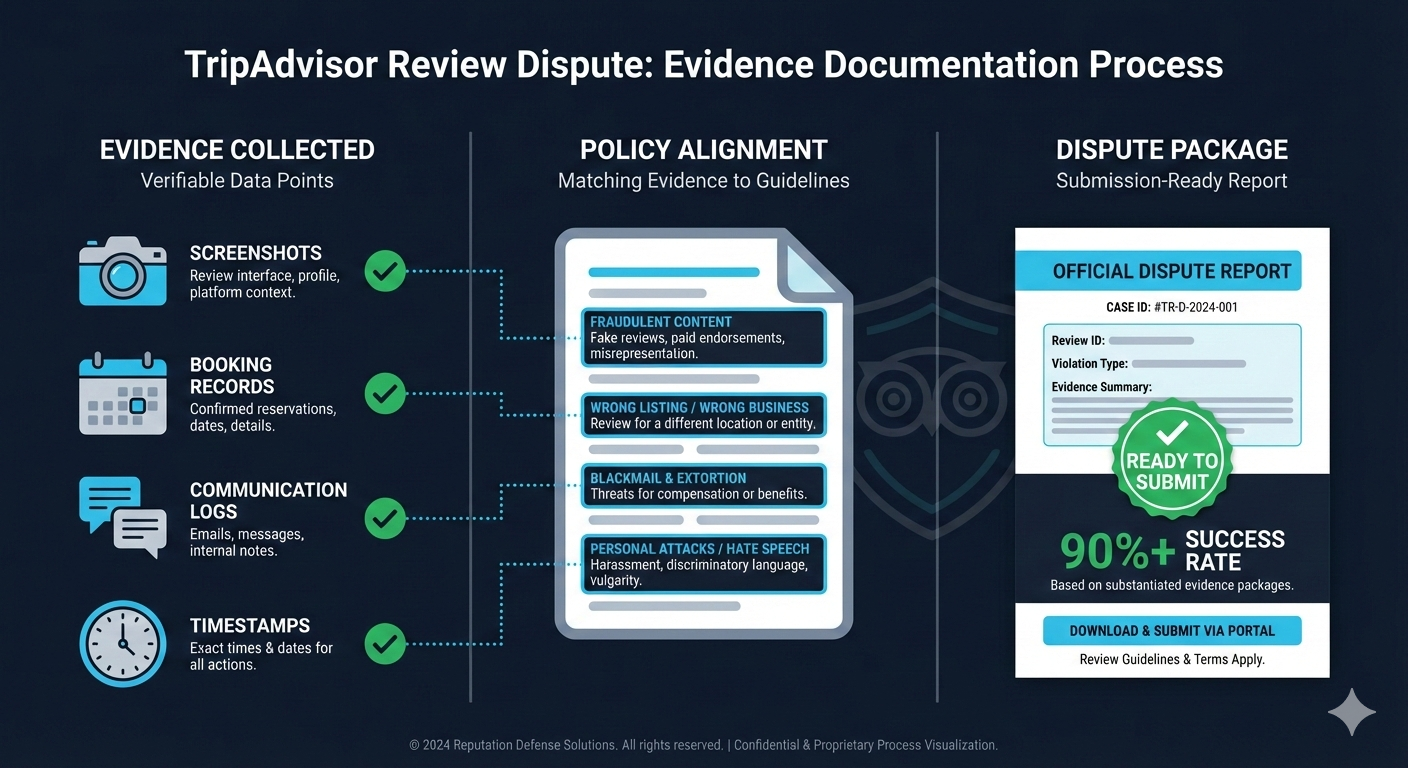 TripAdvisor review removal service dashboard showing review dispute and deletion workflow for business owners