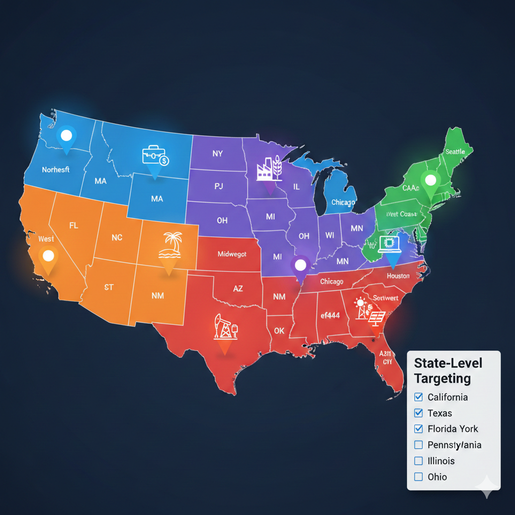 USA map showing regional targeting zones for Twitter followers including Northeast, Southeast, Midwest, Southwest, and West Coast with demographic data