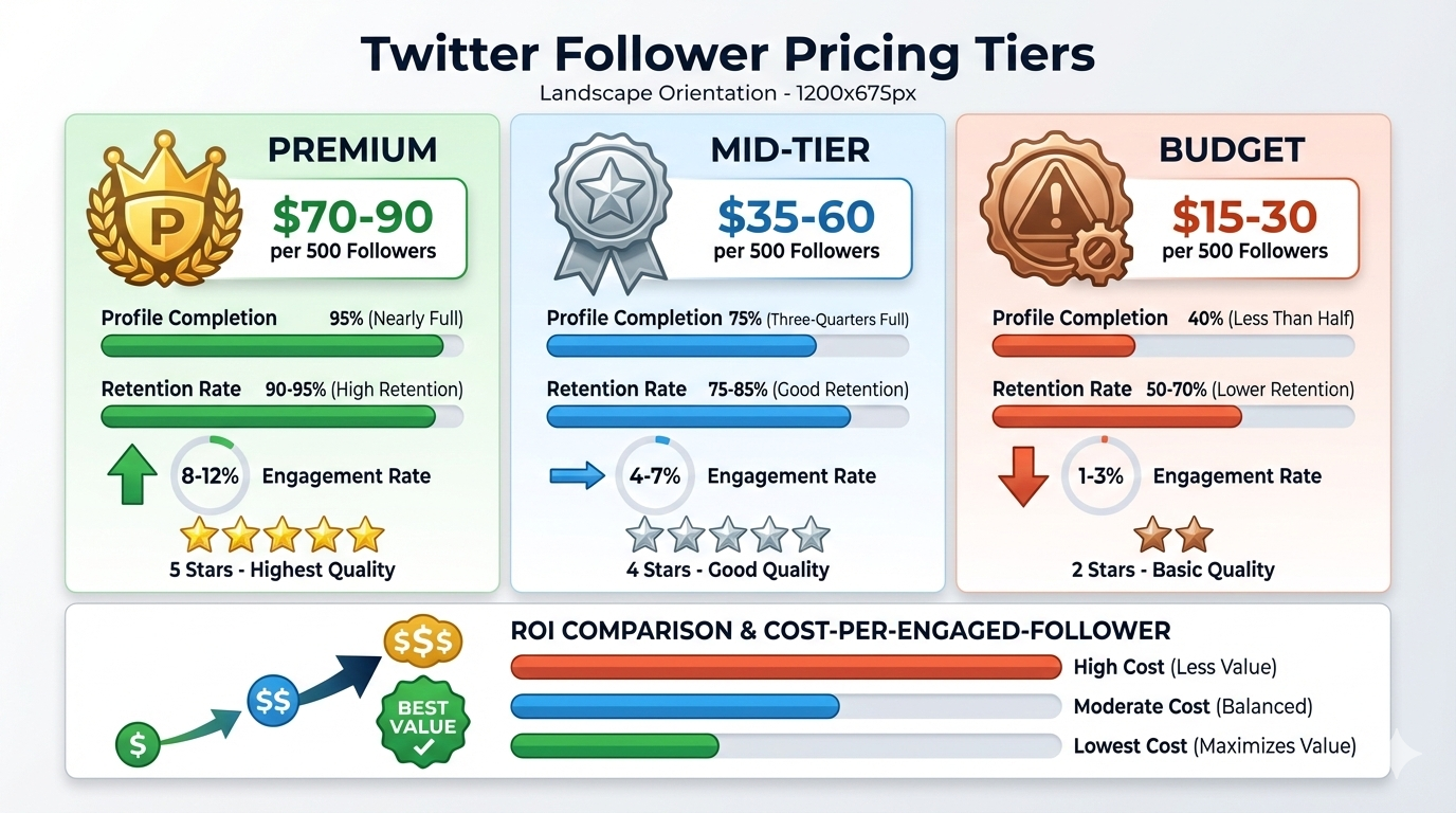 Twitter followers pricing breakdown showing premium, mid-tier, and budget options with retention rates and engagement metrics comparison