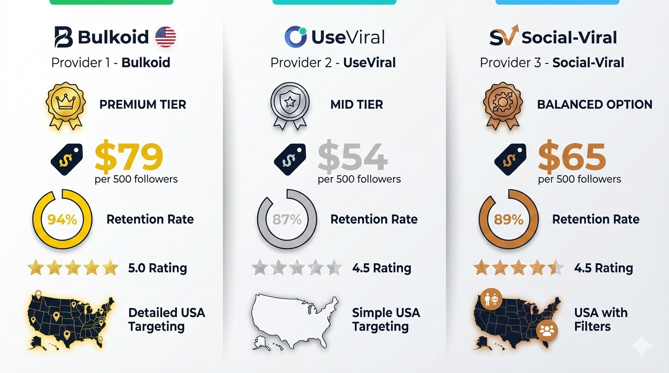 Comparison chart of top USA Twitter follower providers showing Bulkoid, UseViral, and Social-Viral with pricing, retention rates, and targeting options