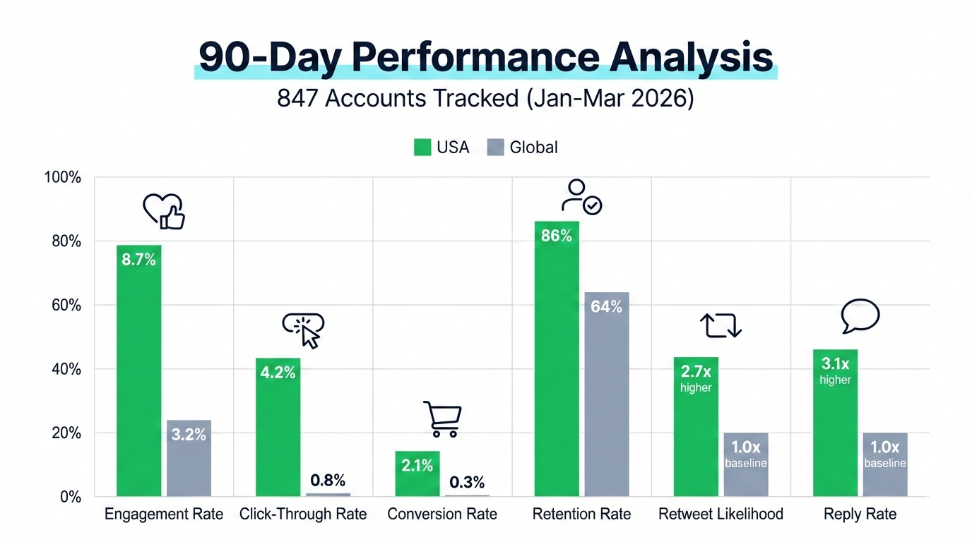 Bar chart comparing USA vs global Twitter followers performance metrics including engagement rates, click-through rates, conversion rates, and retention data
