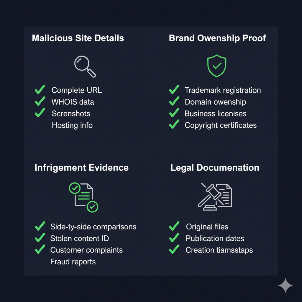 Complete evidence checklist for website takedown including screenshots, ownership proof, WHOIS data, and legal documentation