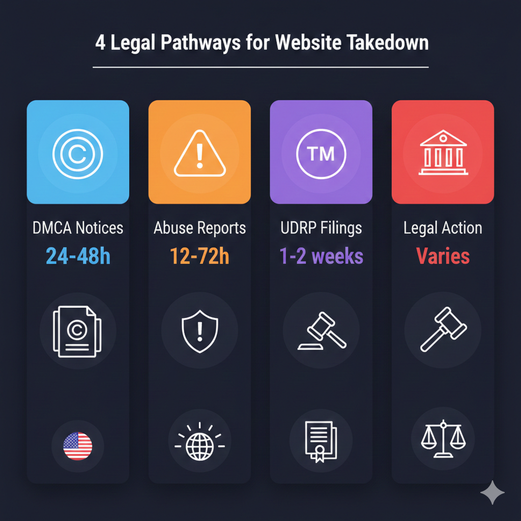 Legal methods for website takedown including DMCA notices, UDRP filings, abuse reports, and trademark enforcement