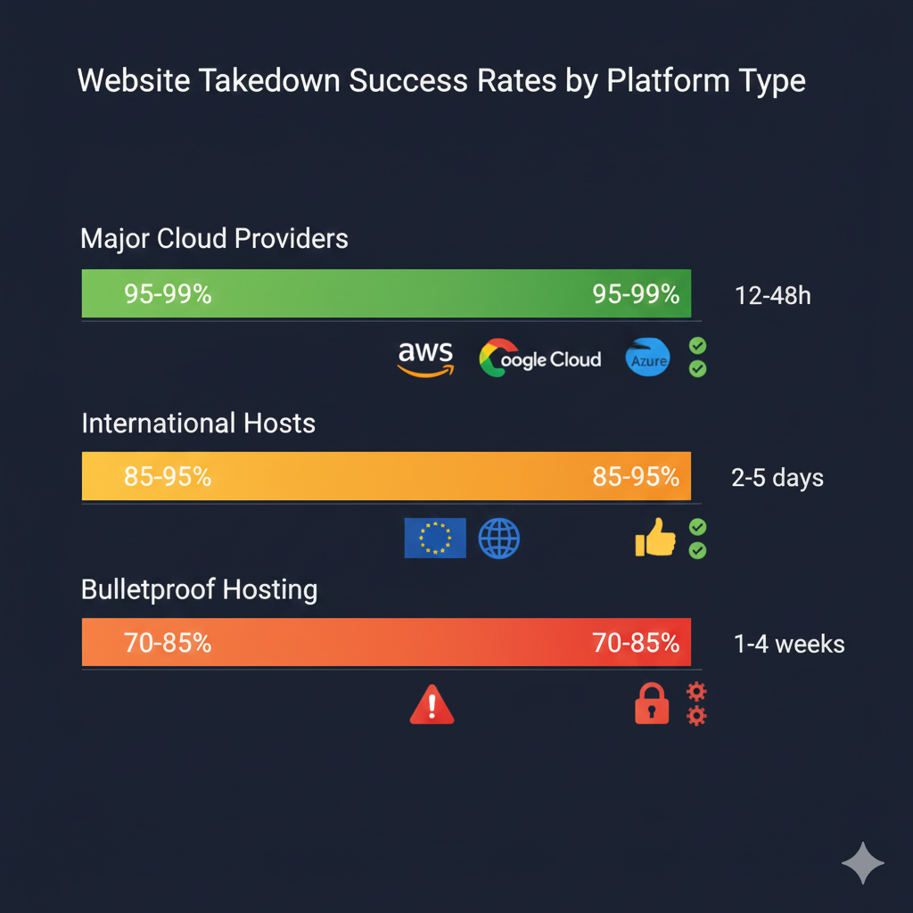 Website takedown success rates by platform type showing 95-99% for major providers and 70-85% for bulletproof hosting